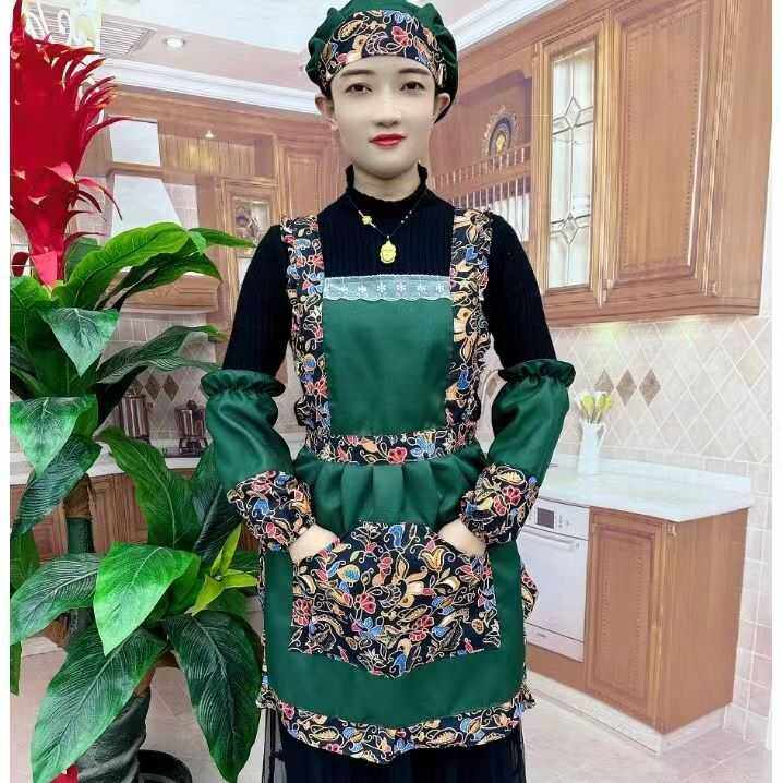 厨房围裙民族碎花花边厨房防油防水围裙套装过膝女士时尚成绣花