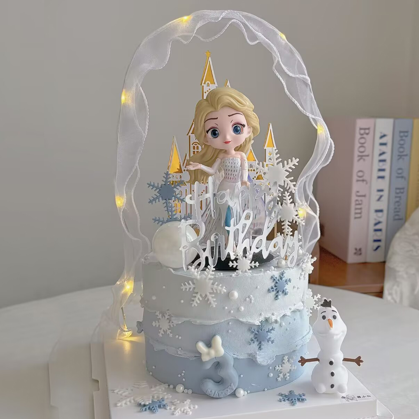 网红冰雪公主蛋糕装饰摆件白色飘带雪花小女孩生日城堡烘焙插件