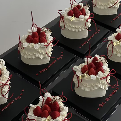 简约情人节蛋糕装饰插件LOVE玫瑰爱心卡片酒红丝带七夕情侣富士山