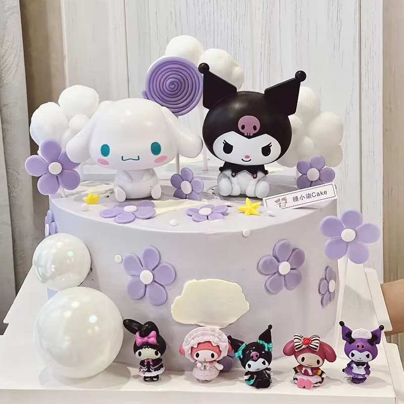 灰紫色甜酷猫咪蛋糕装饰插件花花压花大耳狗甜酷女孩生日蛋糕配件