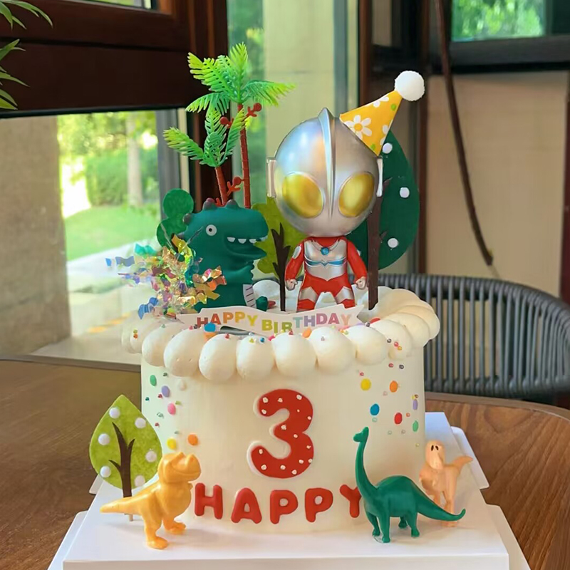 小男孩恐龙小超人蛋糕装饰摆件无纺布小树扭蛋超人怪兽迷你毛球帽