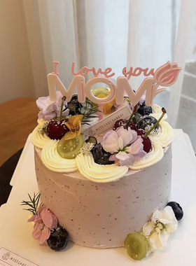 母亲节妈妈生日紫色蛋糕装饰配件MOM郁金香亚克力细丝带蝴蝶结