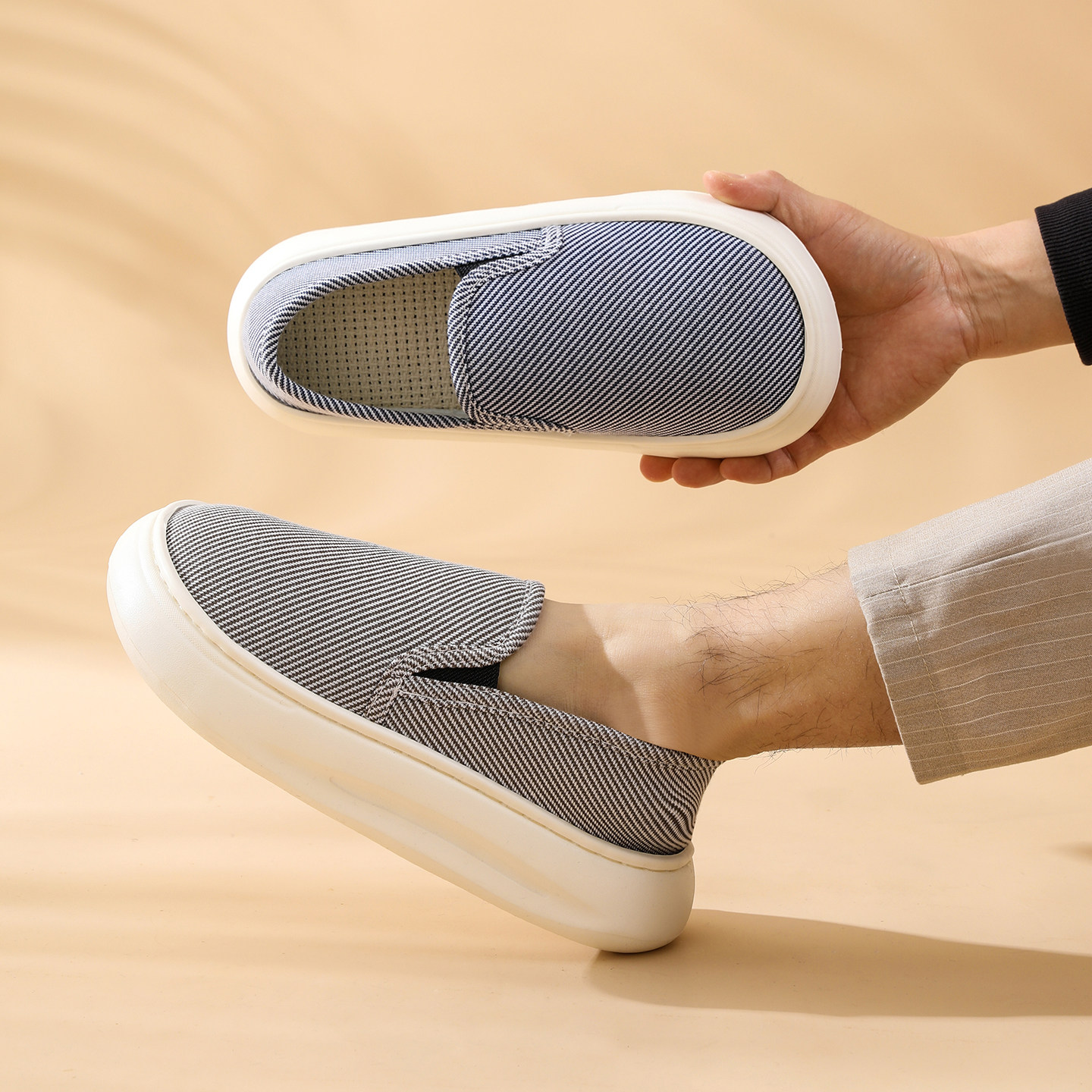 春秋薄款家居拖鞋春夏亚麻布鞋月子鞋居家男女室内厚底棉拖鞋包跟