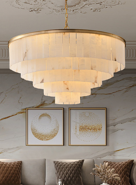 进口云石客厅吊灯现代美式卧室餐厅样板间灯轻奢圆形全铜中式吊灯