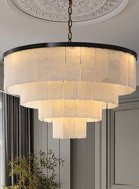 新中式高端云石吊灯进口西班牙雪花石大气全铜客厅别墅餐厅卧室灯