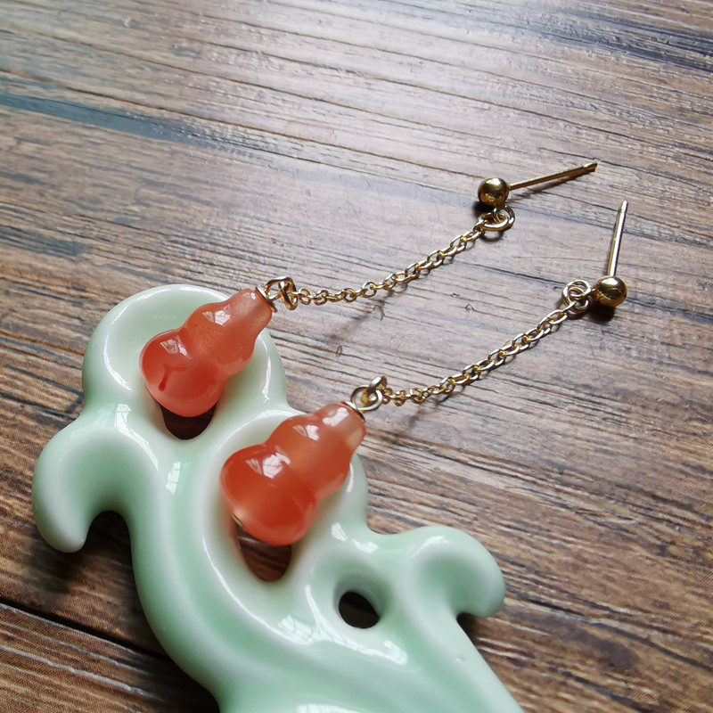 南红玛瑙耳钉葫芦长链天然原矿凉山樱桃红气质粉红福禄14K包金女A