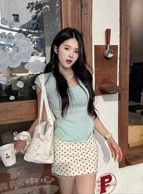 套装女2026夏季甜美薄荷曼波绿色针织短款正肩上衣高腰显瘦半身裙