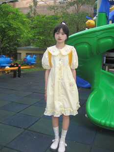 收腰裙子 奶黄色娃娃领连衣裙女夏日系学院风小个子可爱甜美泡泡袖