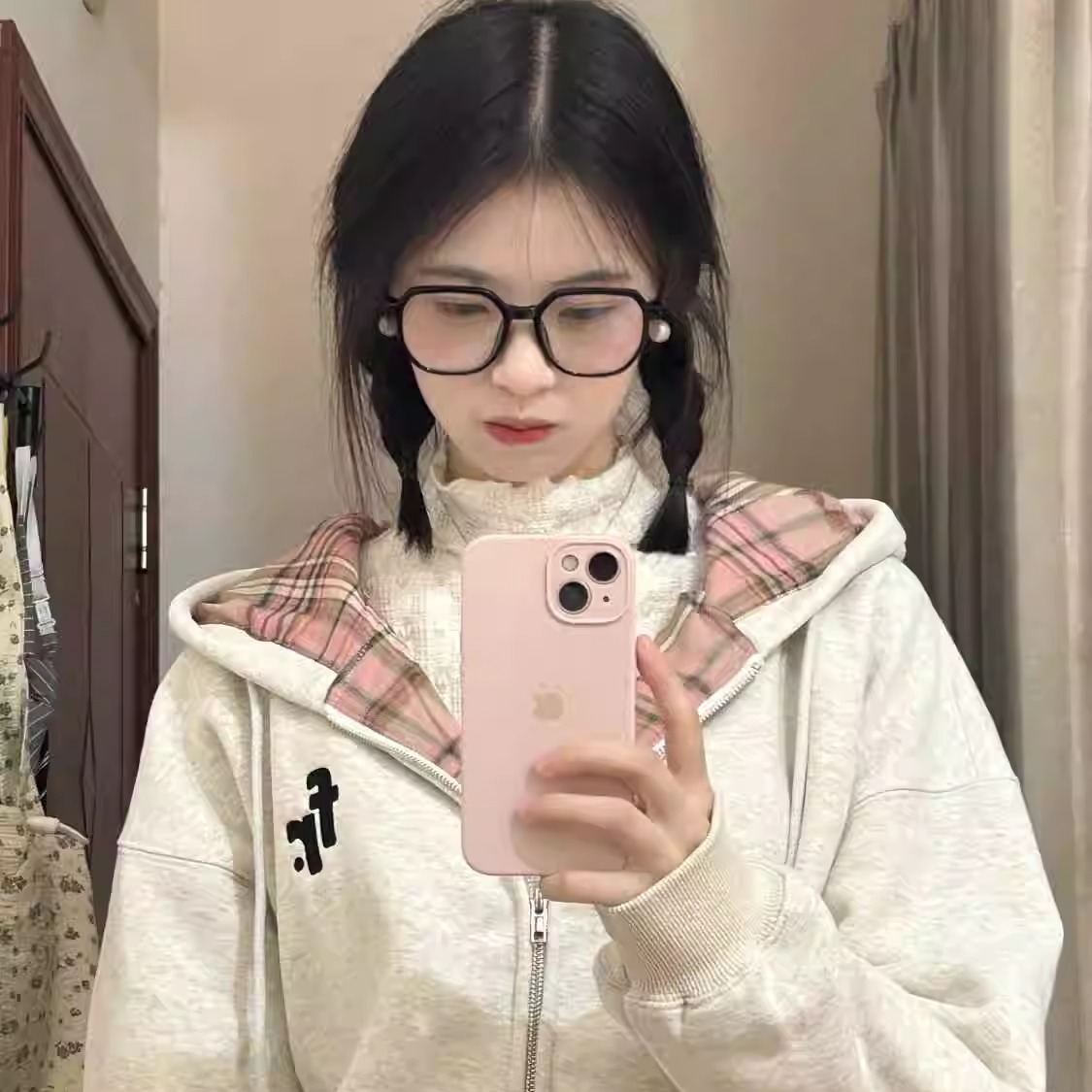 开衫宽松休闲连帽格纹拉链外套潮