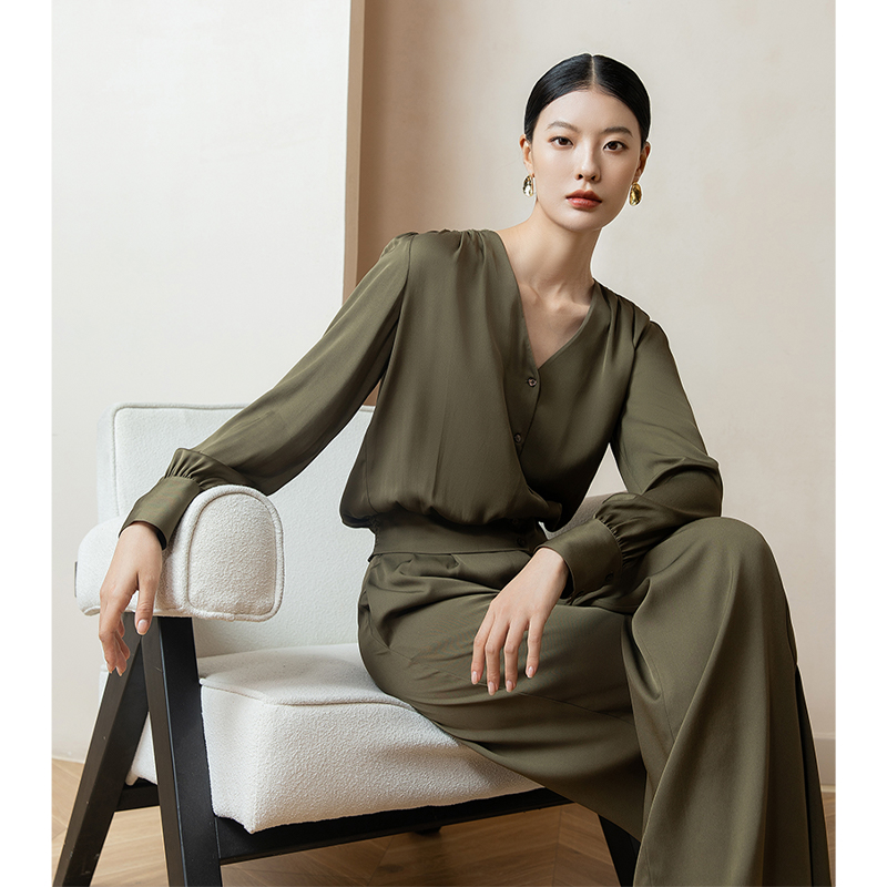 慕江南春季墨绿色桑蚕丝时尚套装女商务通勤OL真丝高级感休闲套装