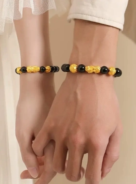 越南沙金貔貅手链男女 轻奢红石榴黑曜石镀真金招财貔貅情侣手链