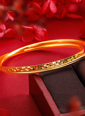 爆闪越南沙金碎冰冰双环手镯碎冰纹双圈手环24K金高级感手串