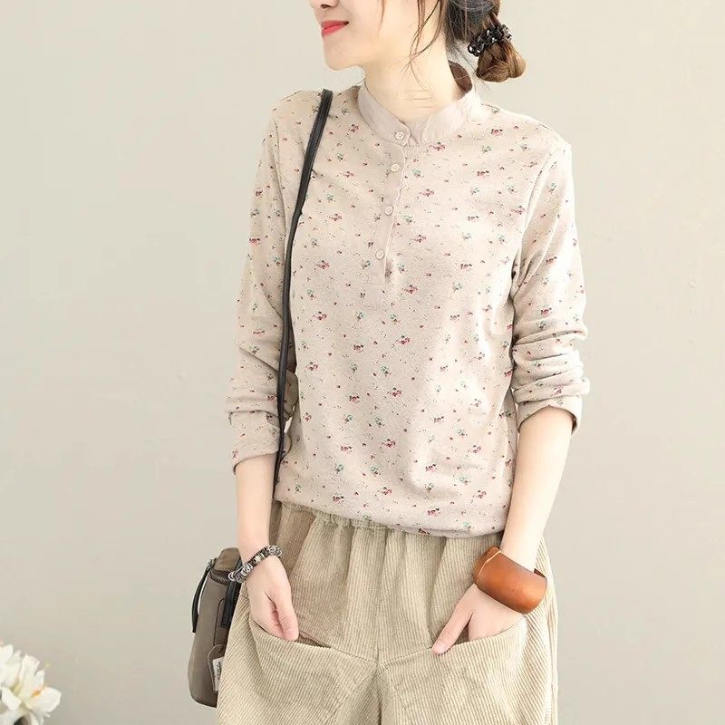 清仓捡漏碎花长袖T恤女2024秋季新款文艺复古套头打底衫立领上衣,女装/女士精品,T恤,淘宝优惠券,粉丝福利购,淘宝优惠卷