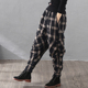 松紧高腰长裤 小脚格子文艺棉麻宽松显瘦垮裤 外穿打皱复古哈伦裤 女