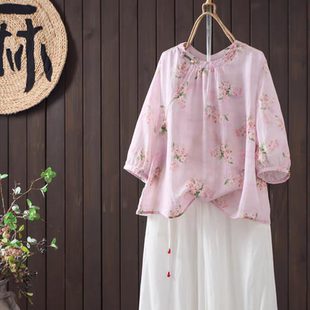 女休闲宽松套头小衫 夏季 衬衫 复古圆领印花苎麻五分袖 显瘦衬衣 新款