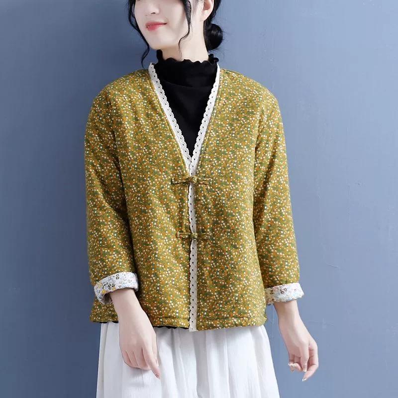 中长款中式碎花中国风棉麻棉服女