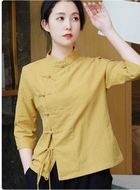 复古斜襟盘扣棉麻衬衫女2025年夏季新款气质国风旗袍禅意茶服上衣