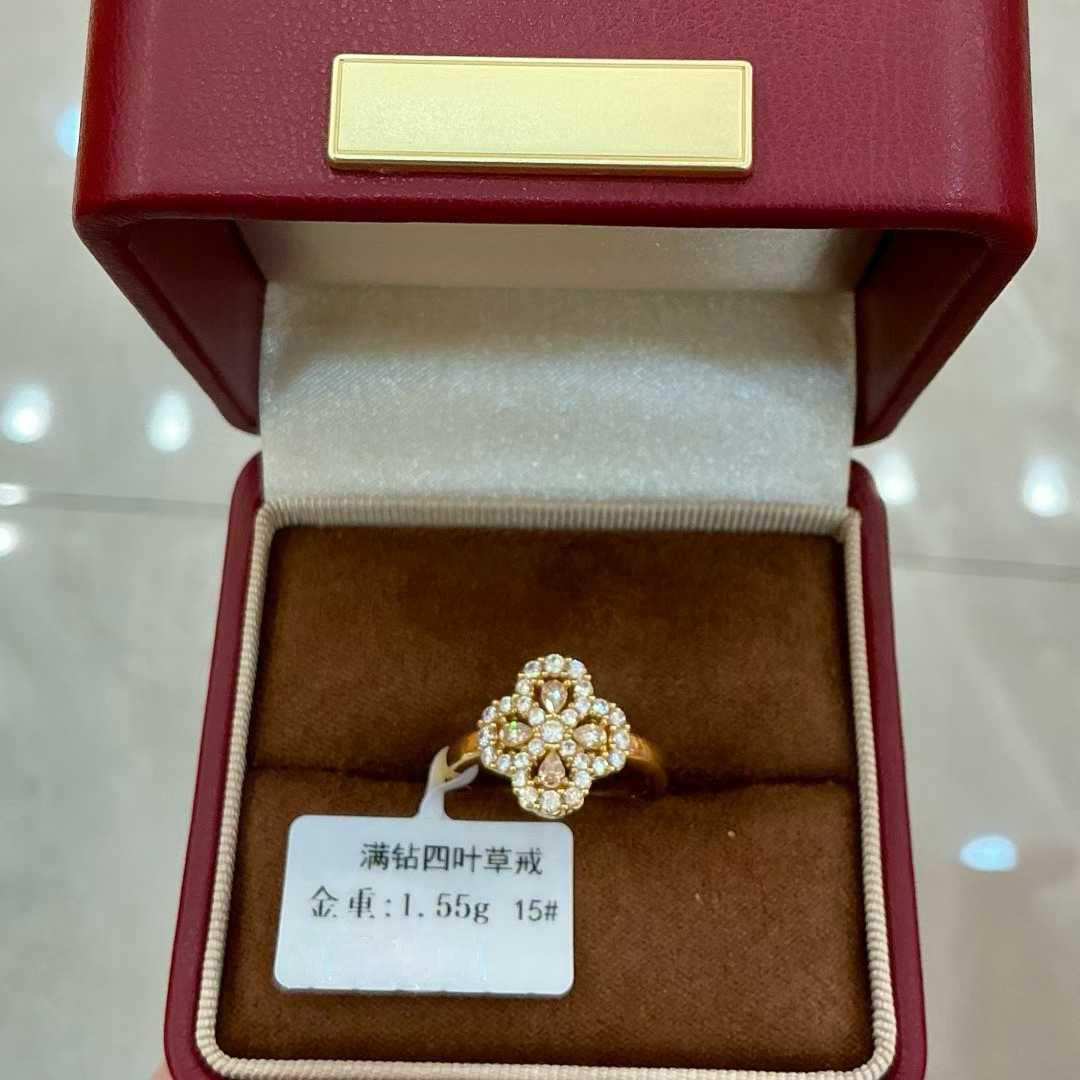 满钻四叶草黄金戒指999足金幸运草女戒纯金小克重显大首饰礼物
