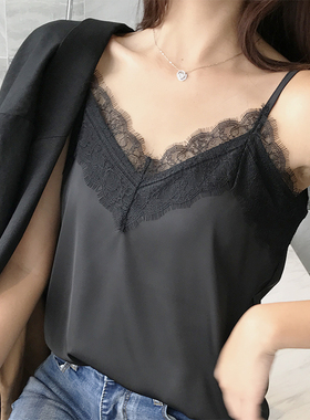 真丝缎面睫毛蕾丝吊带黑色西装内搭V领大码背心打底白色外穿夏女
