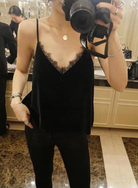 黑色性感内搭睫毛蕾丝打底衫金丝绒吊带背心大码上衣女外搭春夏潮