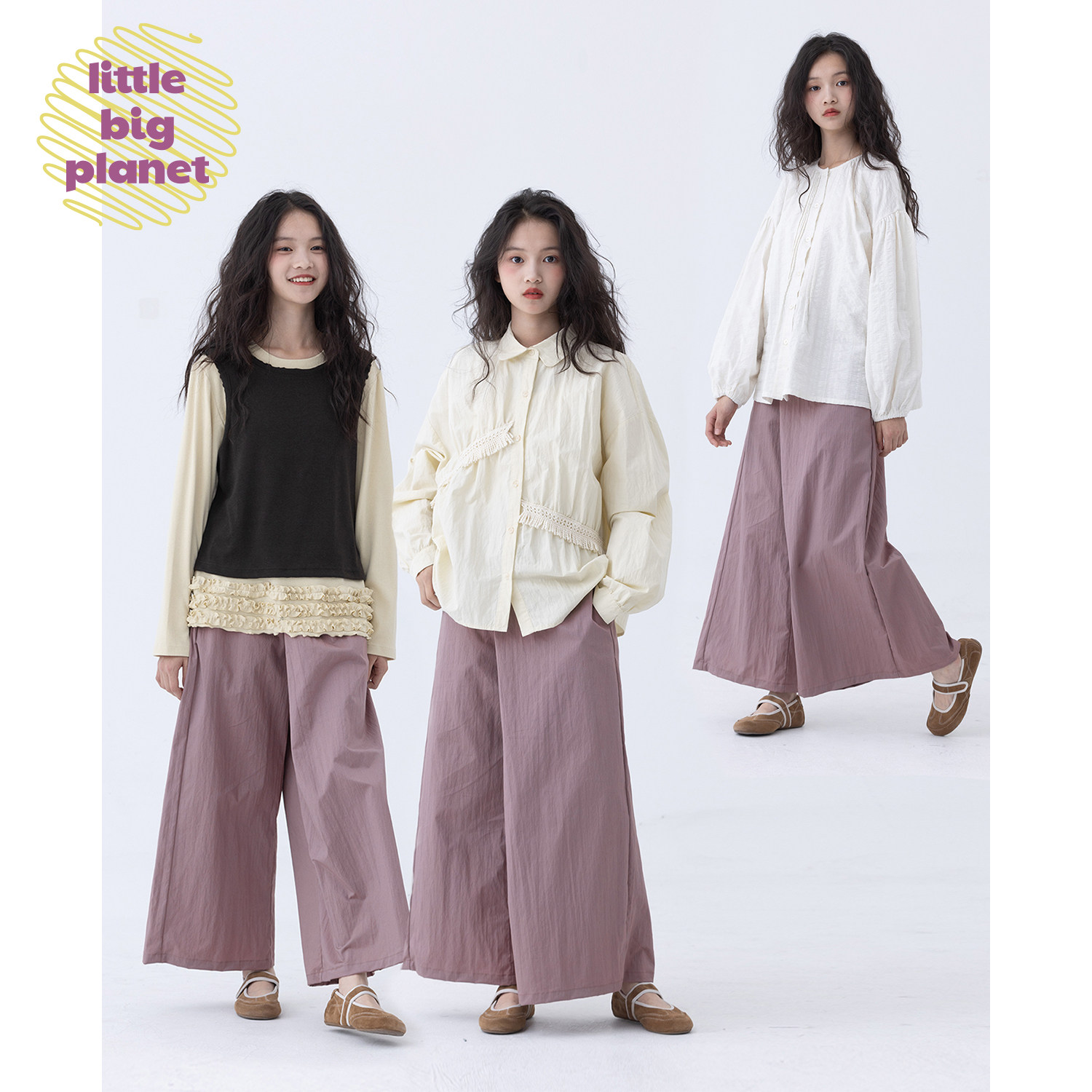 小小大星球童装 斜门襟半松紧打褶休闲裤 女童春夏个性独特直筒裤