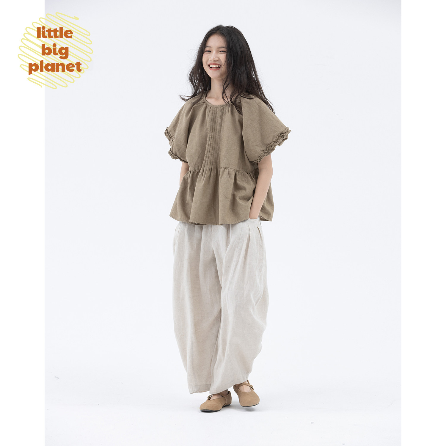 小小大星球童装 文艺塔克褶泡泡袖娃娃衫 夏天女童设计感花边上衣