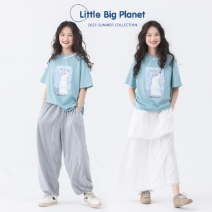 女童夏日元 气创意上衣 立体蕾丝花边猫咪印花短袖 小小大星球童装