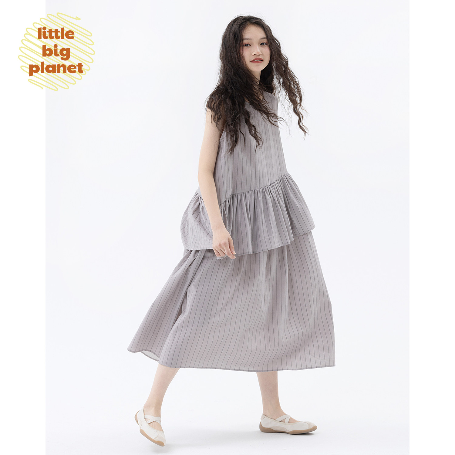 小小大星球童装 欧若风清透茶歇条纹连衣裙 夏日女童拼接斜摆裙子