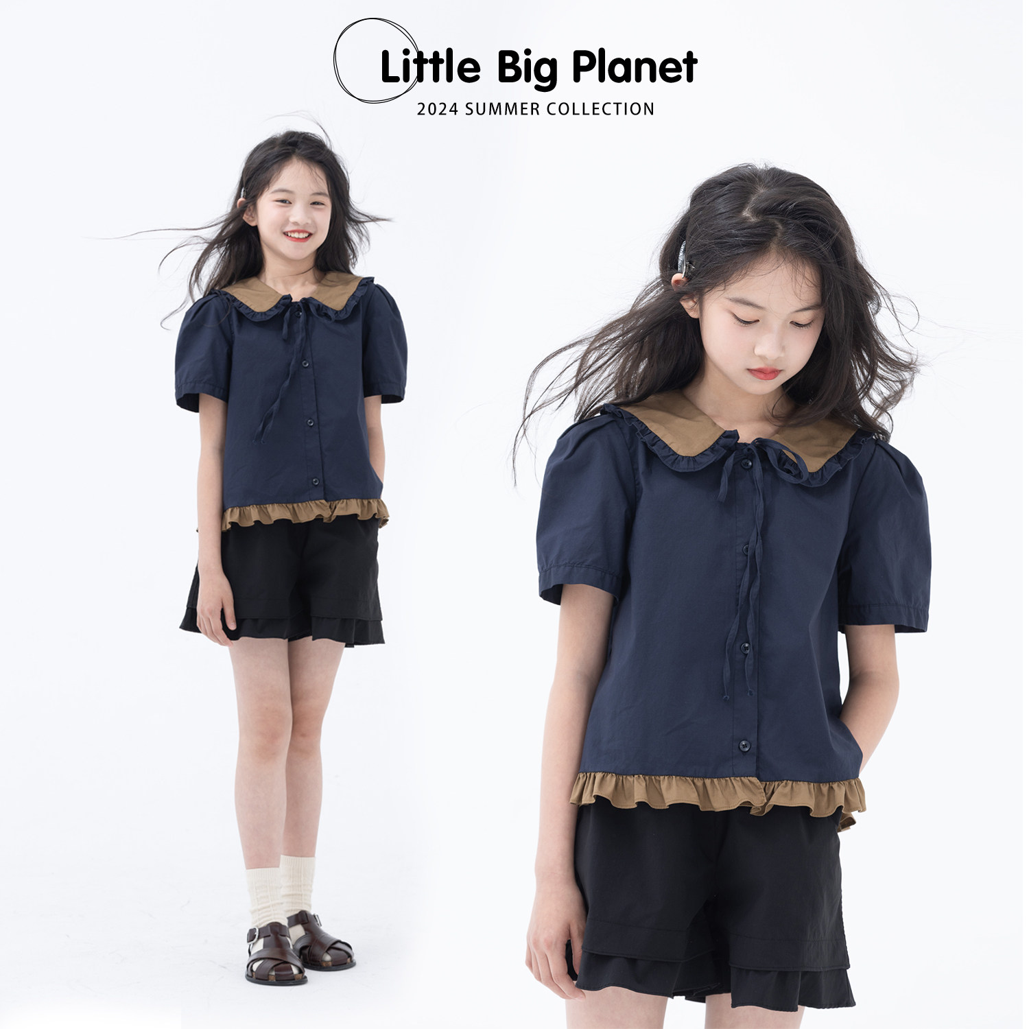 小小大星球童装 精致娃娃领绑带短袖 夏天女童木耳边甜美娃娃衫