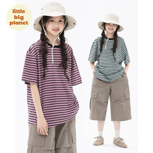 小小大星球美式条纹短袖T恤