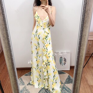 又到新色 2021夏季新款性感绑带露背印花雪纺纱连衣裙度假长裙仙