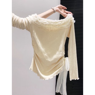 收腰显瘦短上衣 t恤女2025早秋新款 法式 甜美粉色蕾丝边一字领长袖