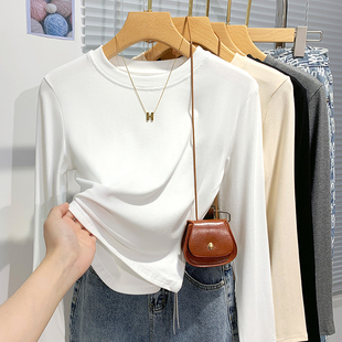 显瘦内搭长袖 女秋冬白色修身 t恤上衣服 纯色圆领打底衫 小个子短款