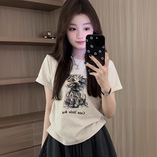 独特超好看洋气减龄上衣 夏季 趣味小狗圆领正肩短袖 t恤女2026新款