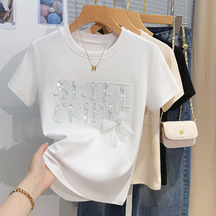 设计感宽松上衣服 洋气立体蝴蝶结半袖 重工亮片刺绣短袖 t恤女夏季