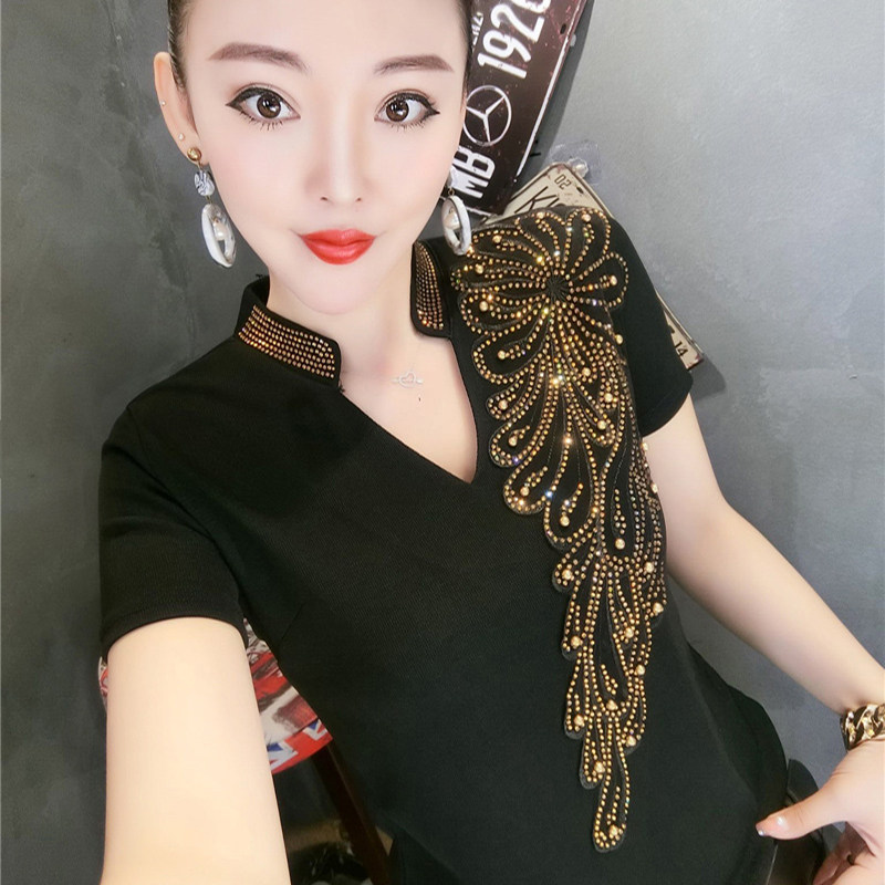 V领t恤女短袖2025新款小衫显瘦重工烫钻洋气打底衫上衣女装欧洲站