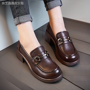 2026春季新款头层软牛皮女鞋一脚蹬休闲厚底乐福鞋粗跟真皮单鞋女