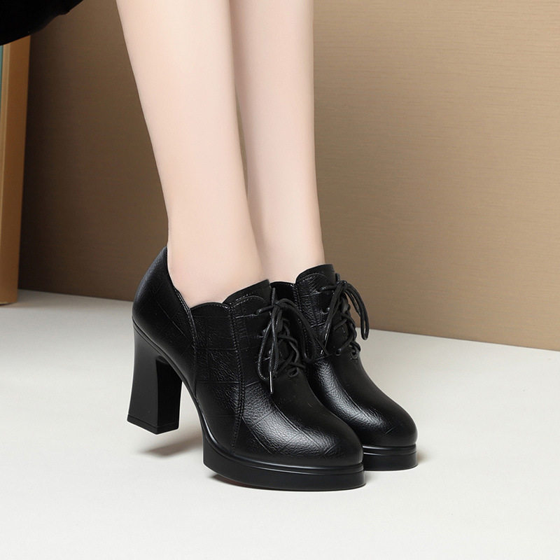 高跟深口单鞋女2025年秋冬季系带粗跟防水台妈妈鞋不累脚加绒皮鞋,运动鞋new,运动休闲鞋,淘宝优惠券,粉丝福利购,淘宝优惠卷