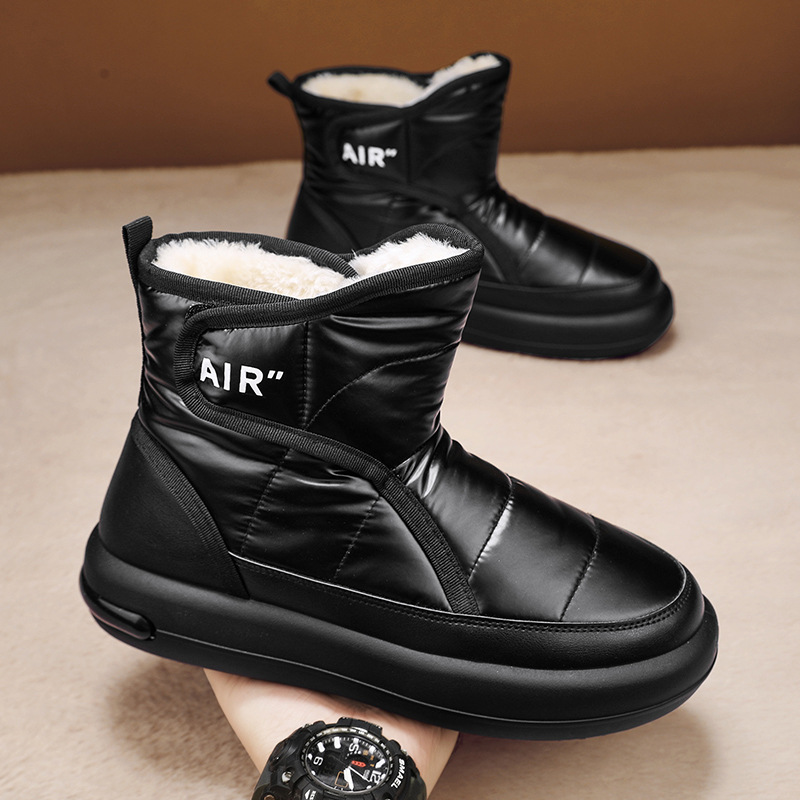 雪地靴男款冬季加绒加厚保暖羽绒棉鞋皮毛一体防水防滑黑色面包鞋