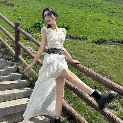 新疆川西呼伦贝尔大草原西北旅游穿搭连衣裙女旅行小飞袖拖尾裙子