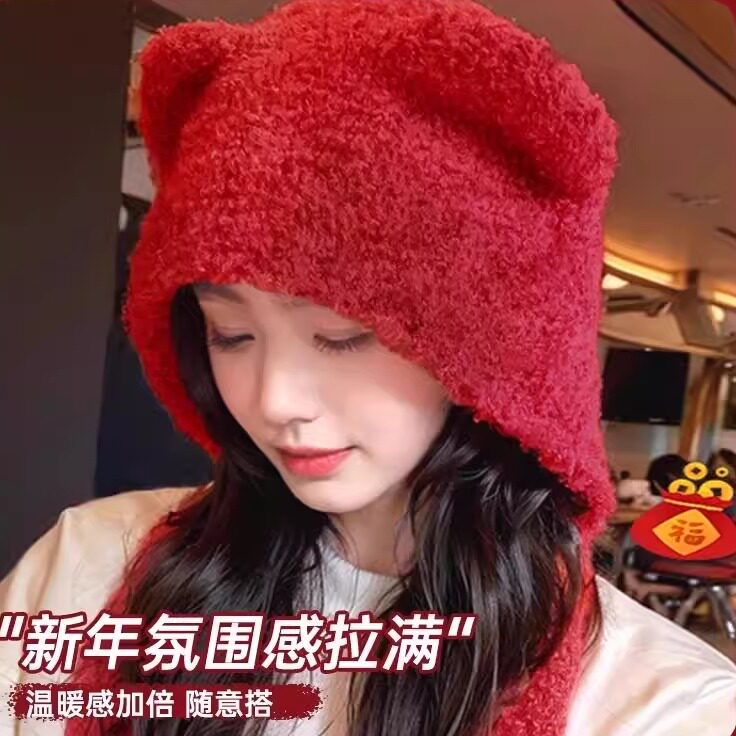 新年红色毛绒帽子女2025新款冬季可爱小熊保暖护耳帽氛围感包头帽