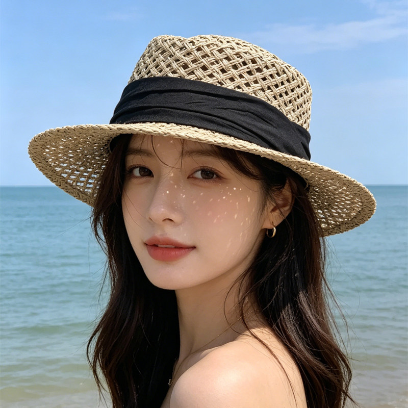 夏季镂空缎带平顶防晒草帽女