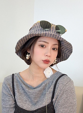 日系复古亚麻条纹防晒渔夫帽女