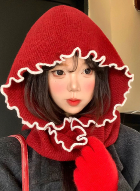红色花边针织围巾一体护耳帽女