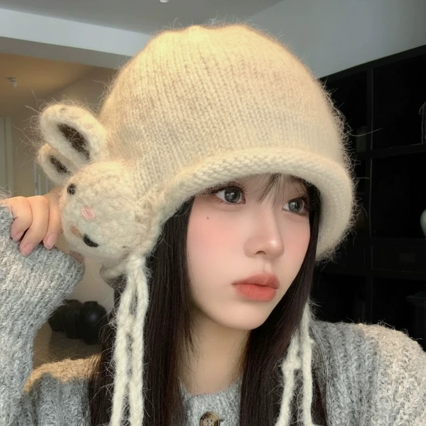 小兔子流苏针织护耳帽秋冬保暖