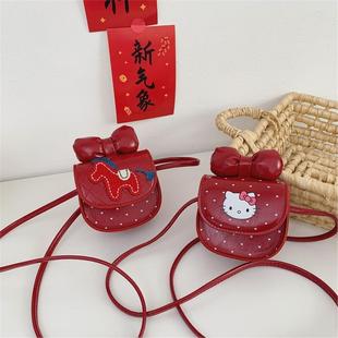 2026新款女童马年压岁钱斜挎包红色猫咪儿童可爱蝴蝶结迷你新年包