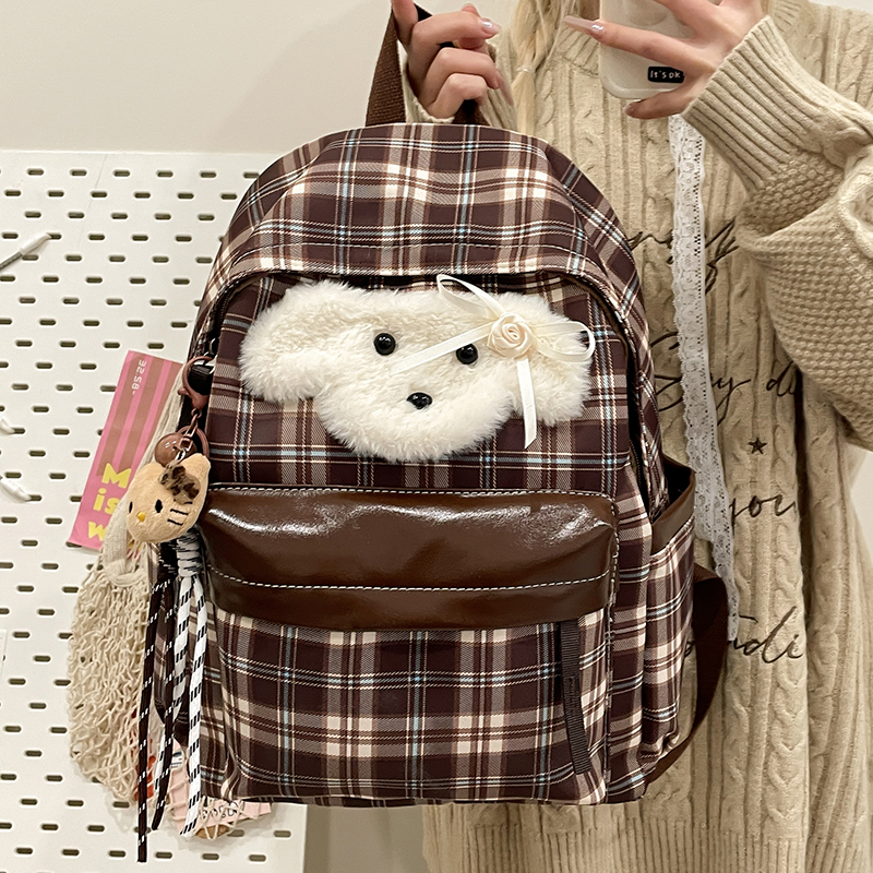 美拉德格子小狗双肩包女百搭