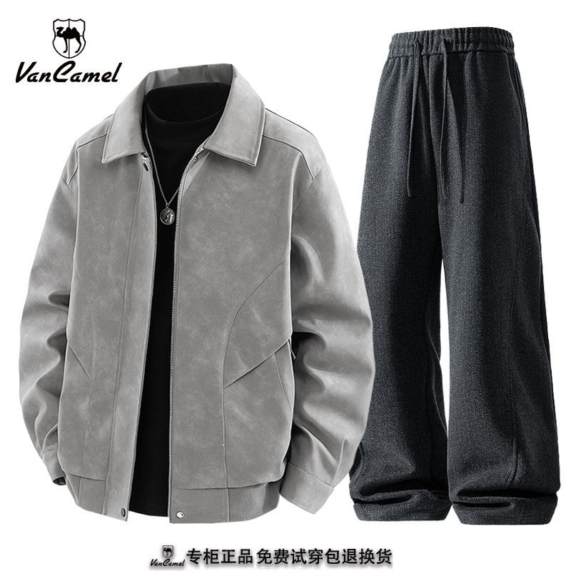 西域骆驼PU皮夹克男运动套装秋冬款宽松穿搭显瘦潮流百搭休闲外套
