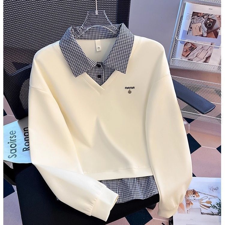 假两件拼接格子polo翻领卫衣女春秋季2025新款设计感宽松无帽上衣