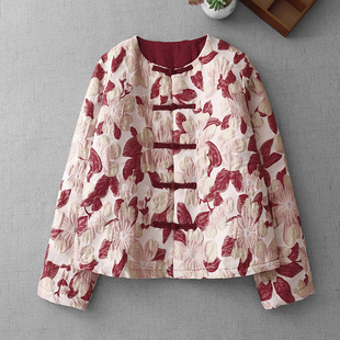 2025秋冬夹棉加厚棉袄中式 保暖盘扣国风印花棉服 外套上衣女短款